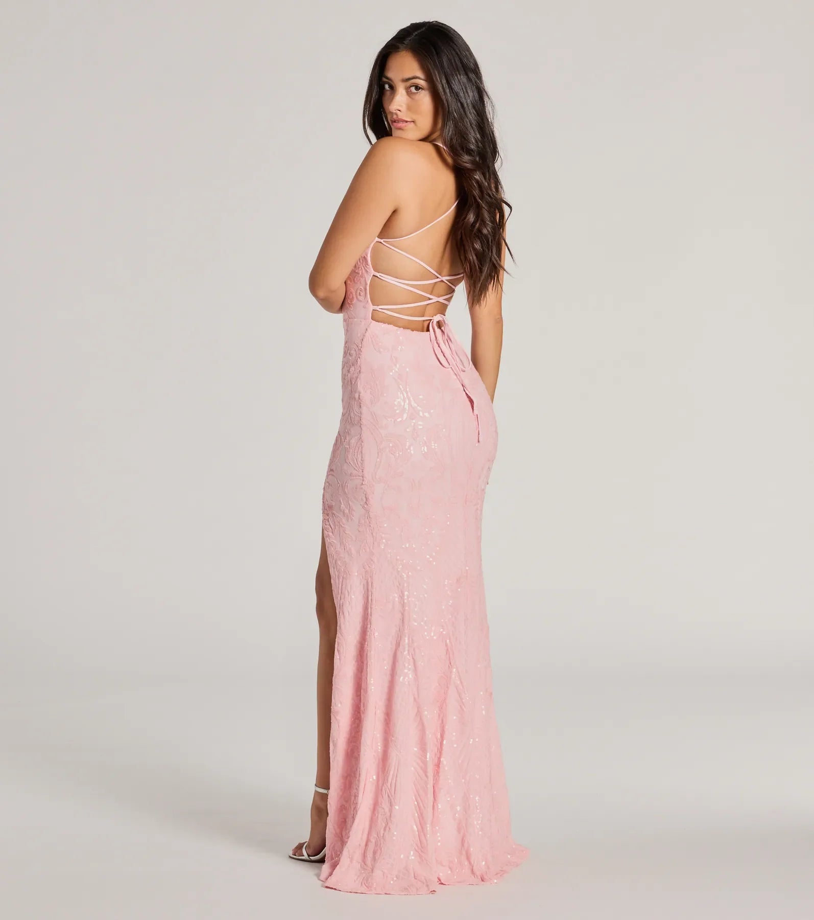 Rowena Sequin Mermaid Prom Dress – Lace-Up Square Neck Long Formal Gown