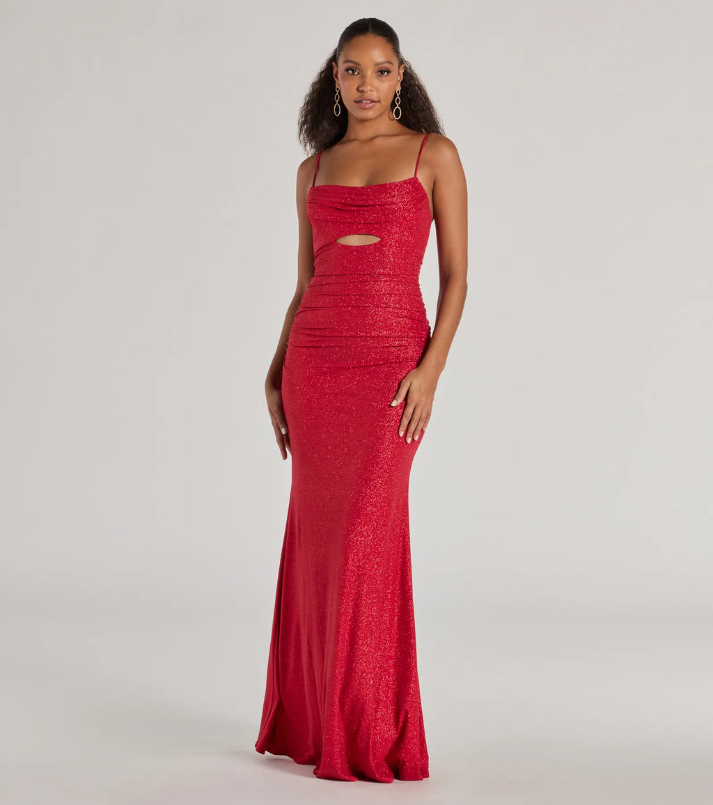Harley Glitter Cutout Column Prom Dress – Cowl Neck Long Formal Gown