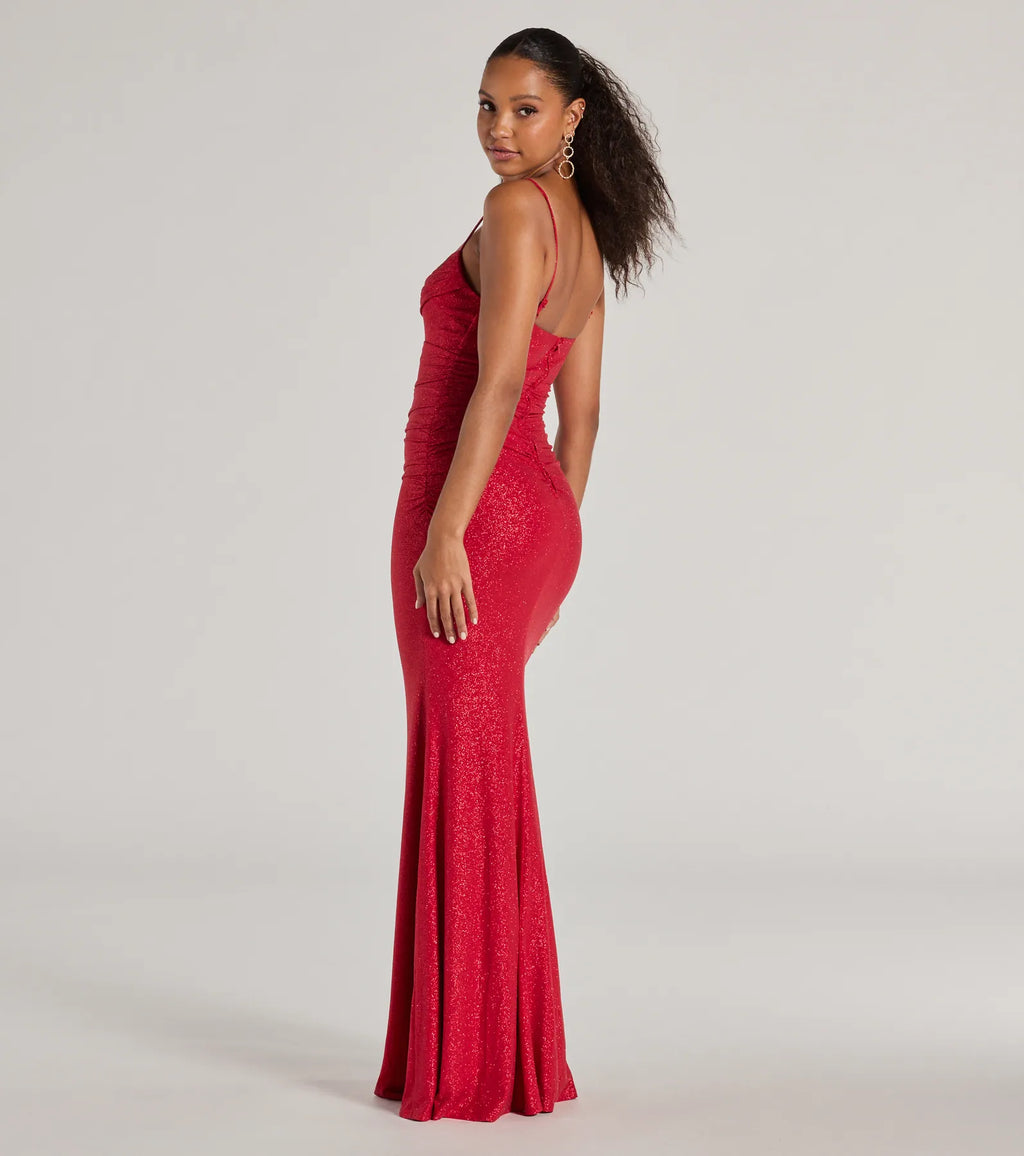 Harley Glitter Cutout Column Prom Dress – Cowl Neck Long Formal Gown