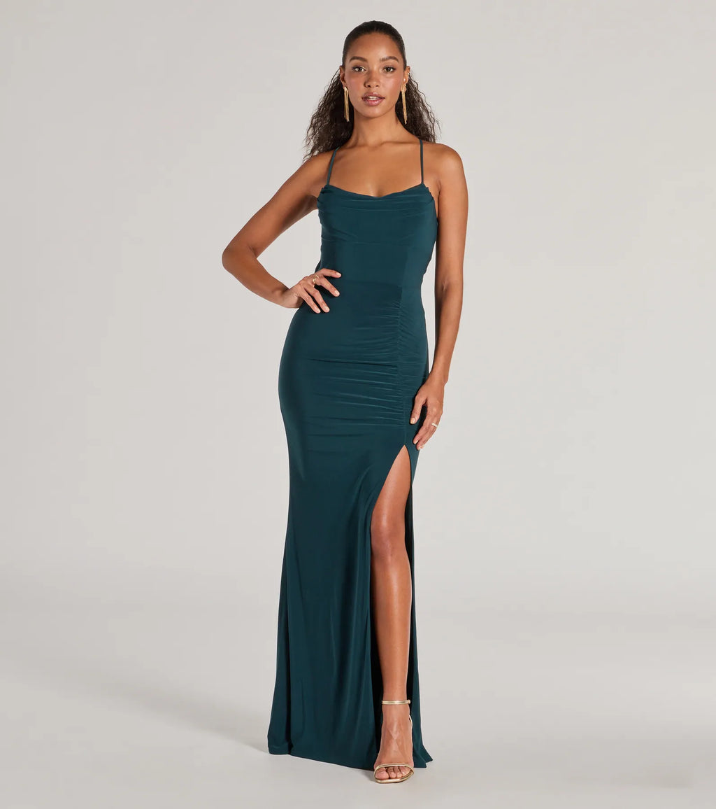 Ashley Bow Mermaid Prom Dress – Sleeveless High Slit Long Formal Gown