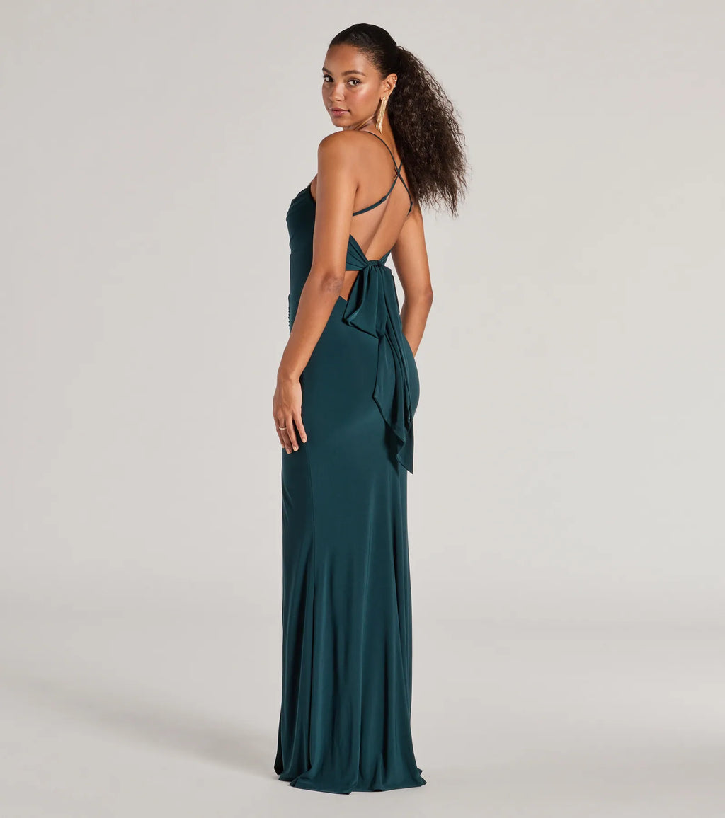 Ashley Bow Mermaid Prom Dress – Sleeveless High Slit Long Formal Gown