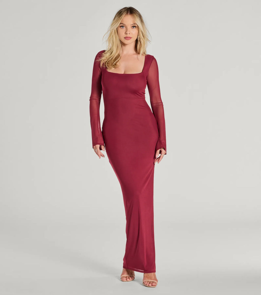 Becka Mesh Column Prom Dress – Bell Sleeve High Slit Long Formal Gown