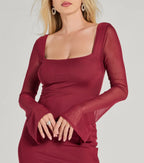 Becka Mesh Column Prom Dress – Bell Sleeve High Slit Long Formal Gown