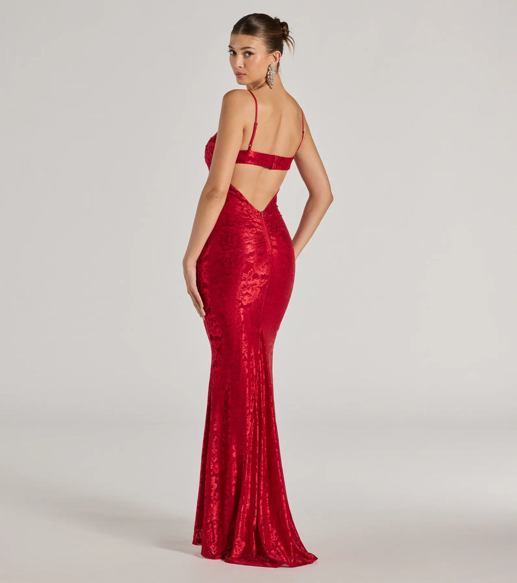 Haisley Floral Lace Mermaid Prom Dress – Open Back Long Formal Gown