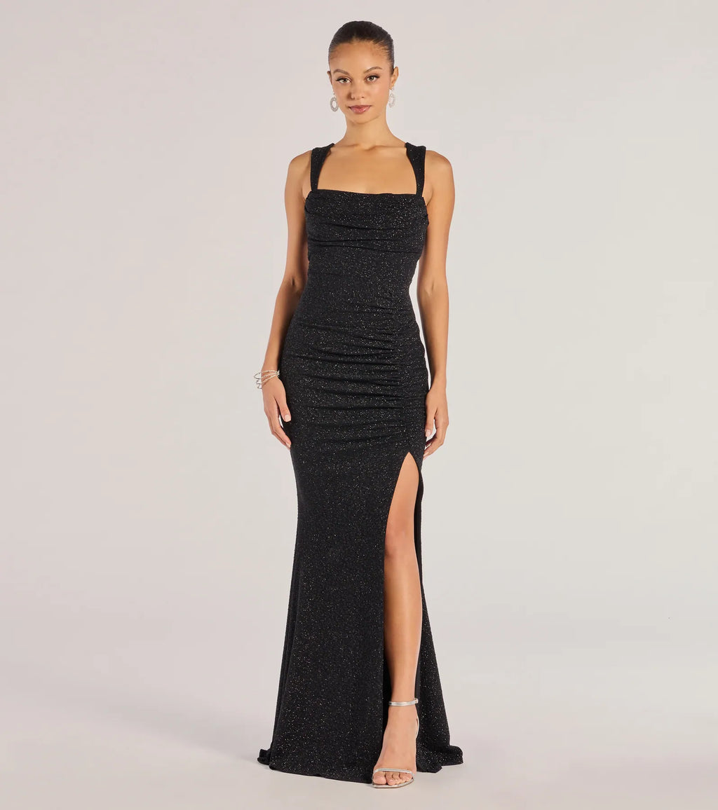 Drew Glitter Mermaid Prom Dress – Open Back Cowl Neck Long Formal Gown