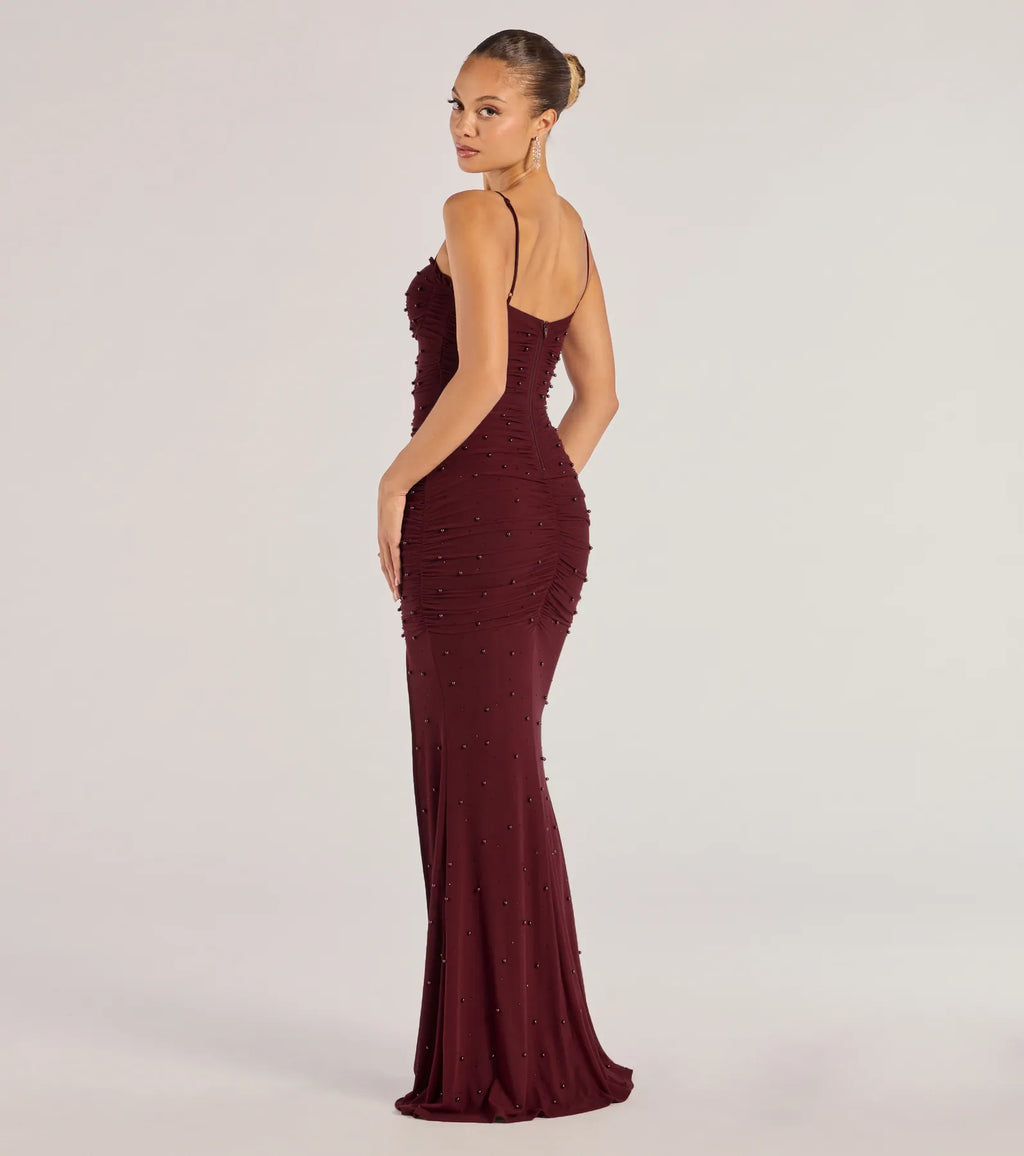 Milena Meerjungfrauen-Abendkleid mit Kunstperlen und Netzeinsatz – Langes festliches Kleid mit hohem Schlitz