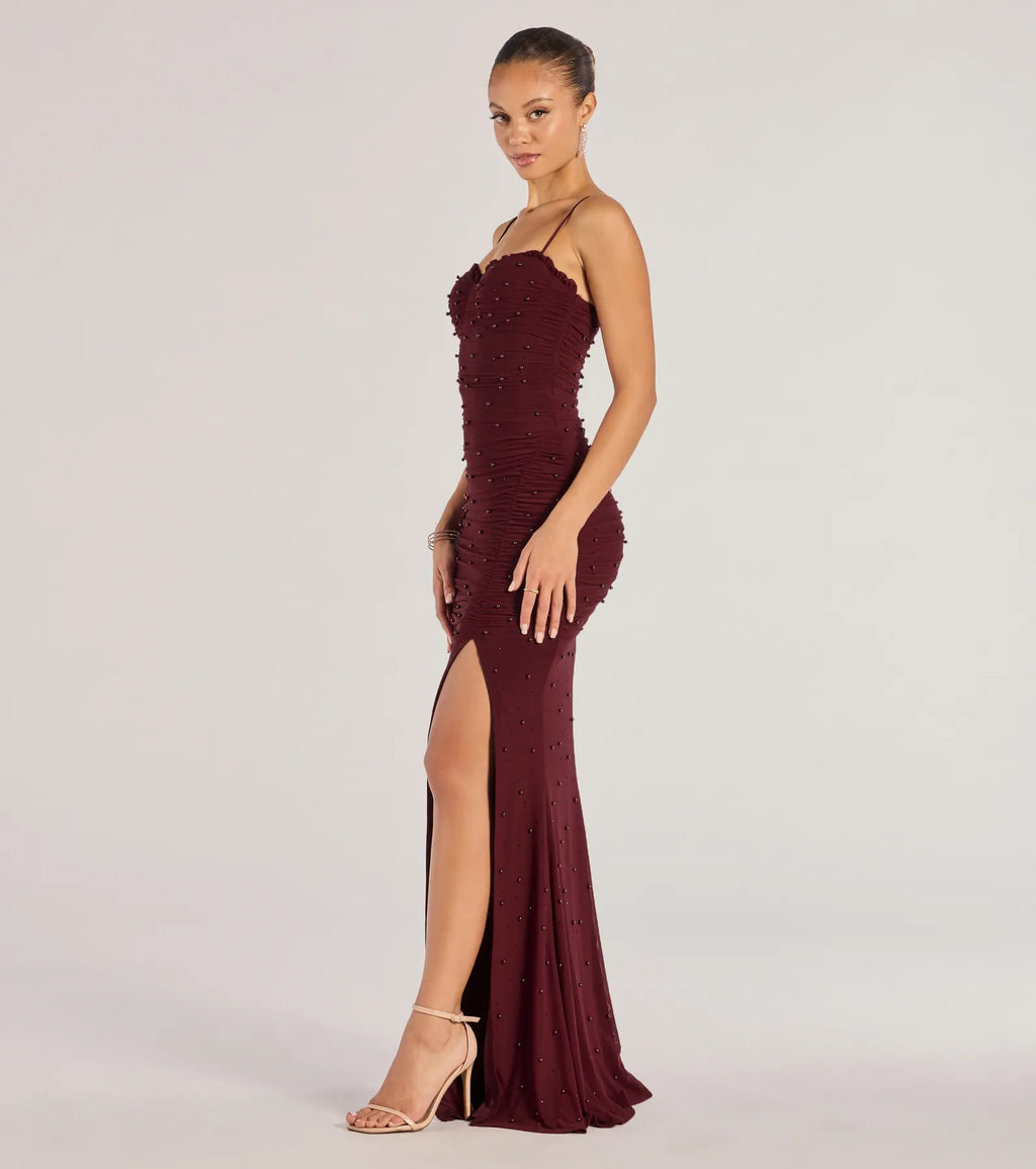 Milena Meerjungfrauen-Abendkleid mit Kunstperlen und Netzeinsatz – Langes festliches Kleid mit hohem Schlitz