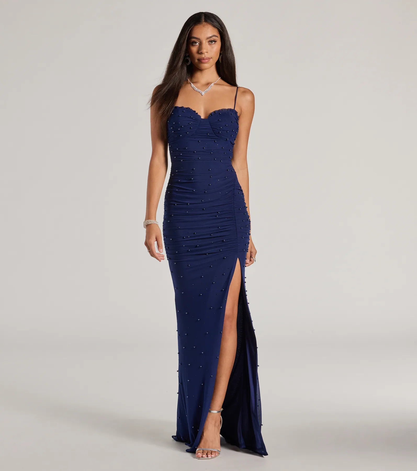 Milena Faux Pearl Mesh Mermaid Prom Dress – High Slit Long Formal Gown