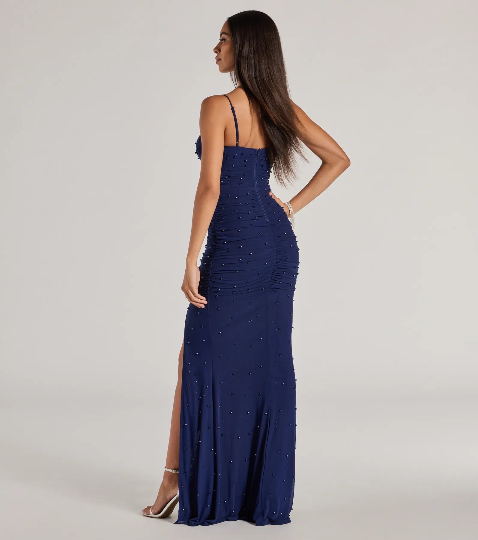 Milena Meerjungfrauen-Abendkleid mit Kunstperlen und Netzeinsatz – Langes festliches Kleid mit hohem Schlitz