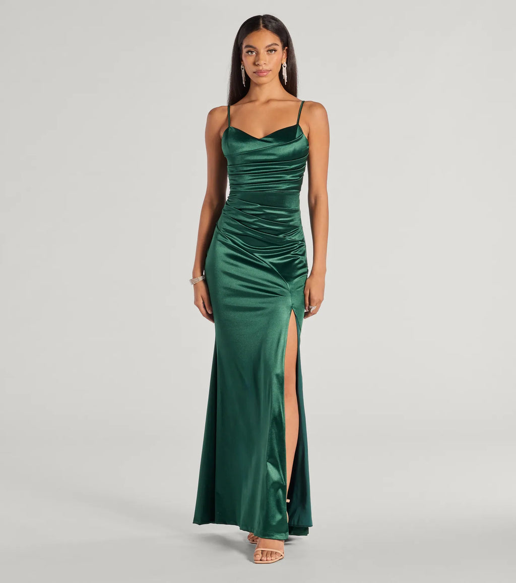 Kamari Satin Mermaid Prom Dress – Pleated High Slit Long Formal Gown