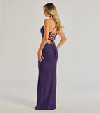 Rae Glitzer Ballkleid Lila Seitenansicht mit Cowl Neck