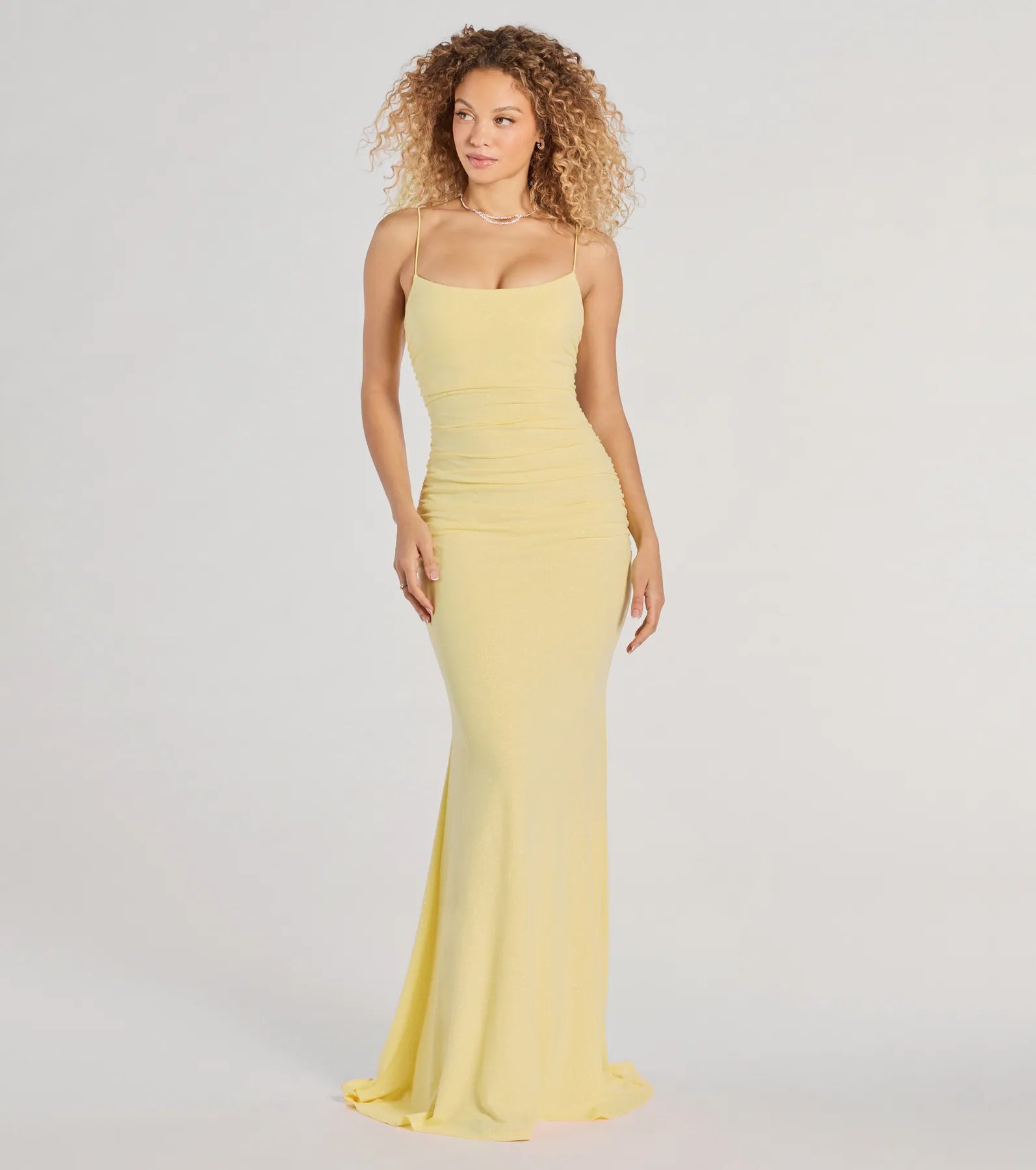 Rowan Glitter Ruched Mermaid Prom Dress – Open Back Long Formal Gown