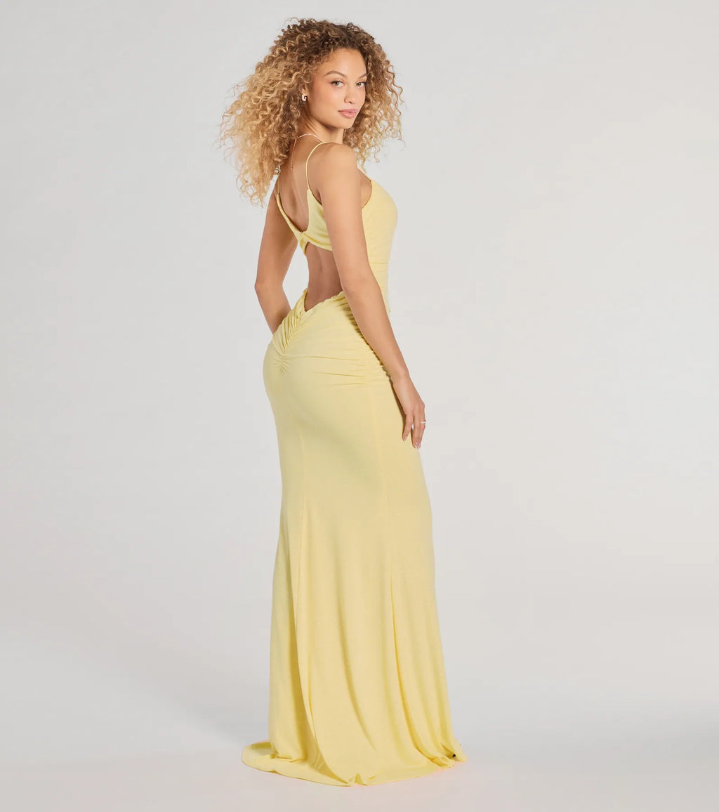 Rowan Glitter Ruched Mermaid Prom Dress – Open Back Long Formal Gown