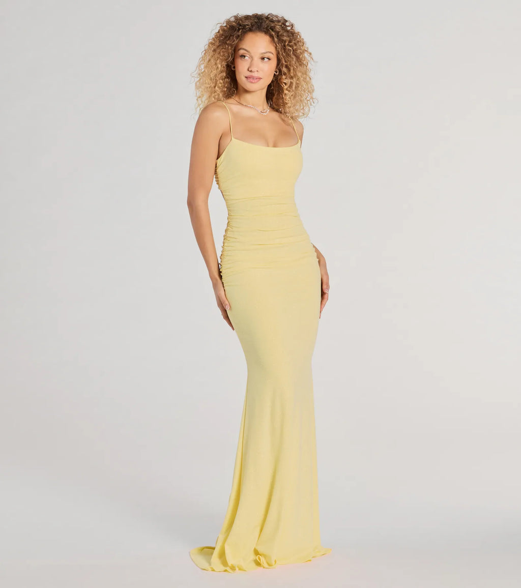 Rowan Glitter Ruched Mermaid Prom Dress – Open Back Long Formal Gown