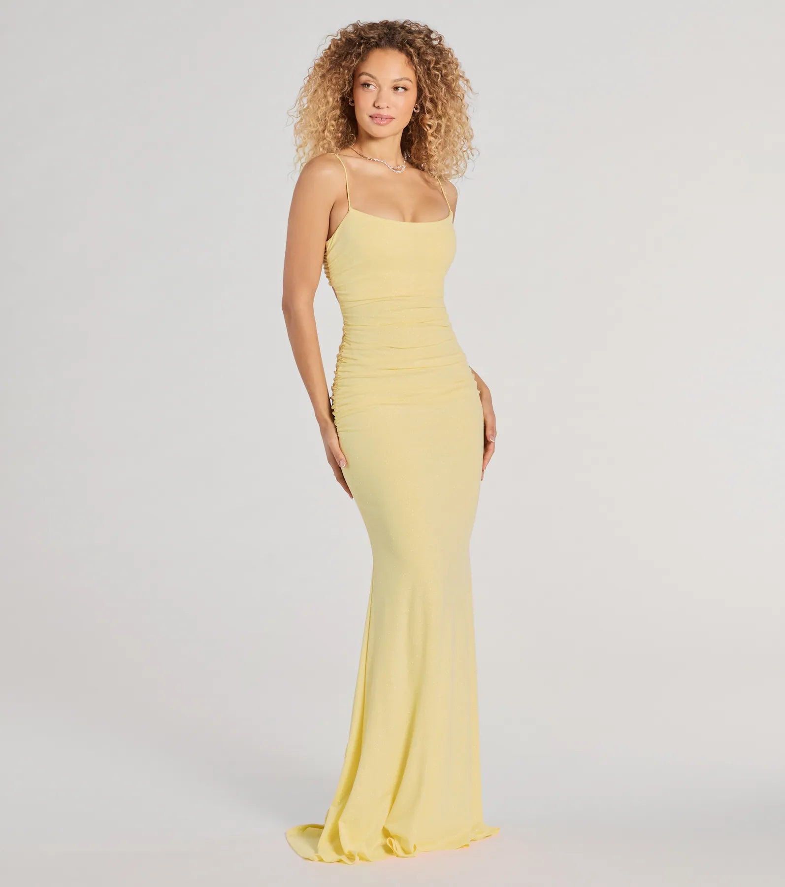 Rowan Glitter Ruched Mermaid Prom Dress – Open Back Long Formal Gown