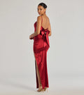 Carolina Satin Wickelkleid Burgund – Frontansicht Ballkleid mit Schleife