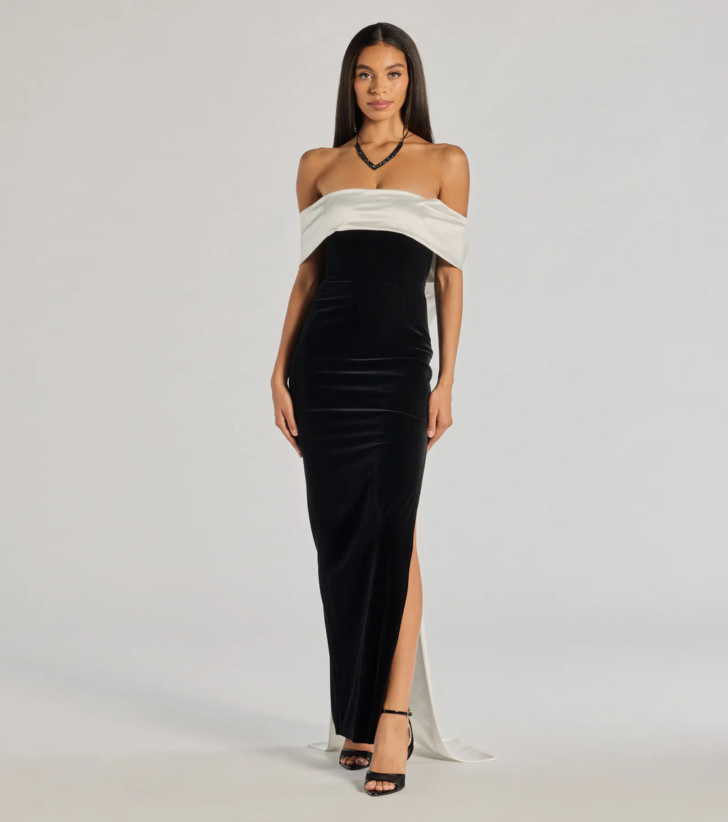 Schwarzes Verona Samt Abendkleid schulterfrei mit Schleife – Frontansicht Ballkleid