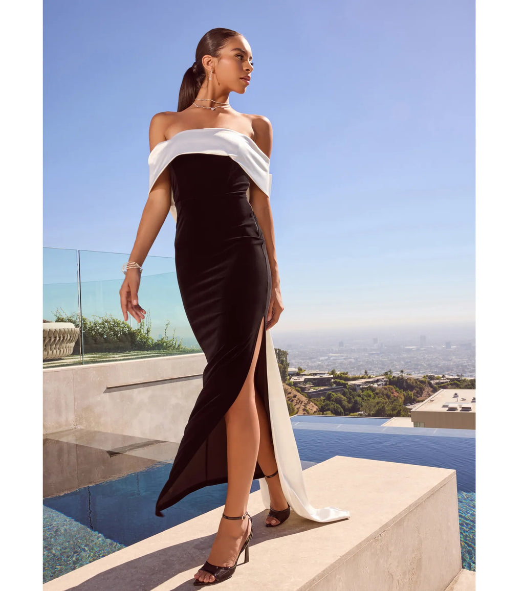 Verona Samtkleid Schwarz – Detailansicht Schleife und Schleppe