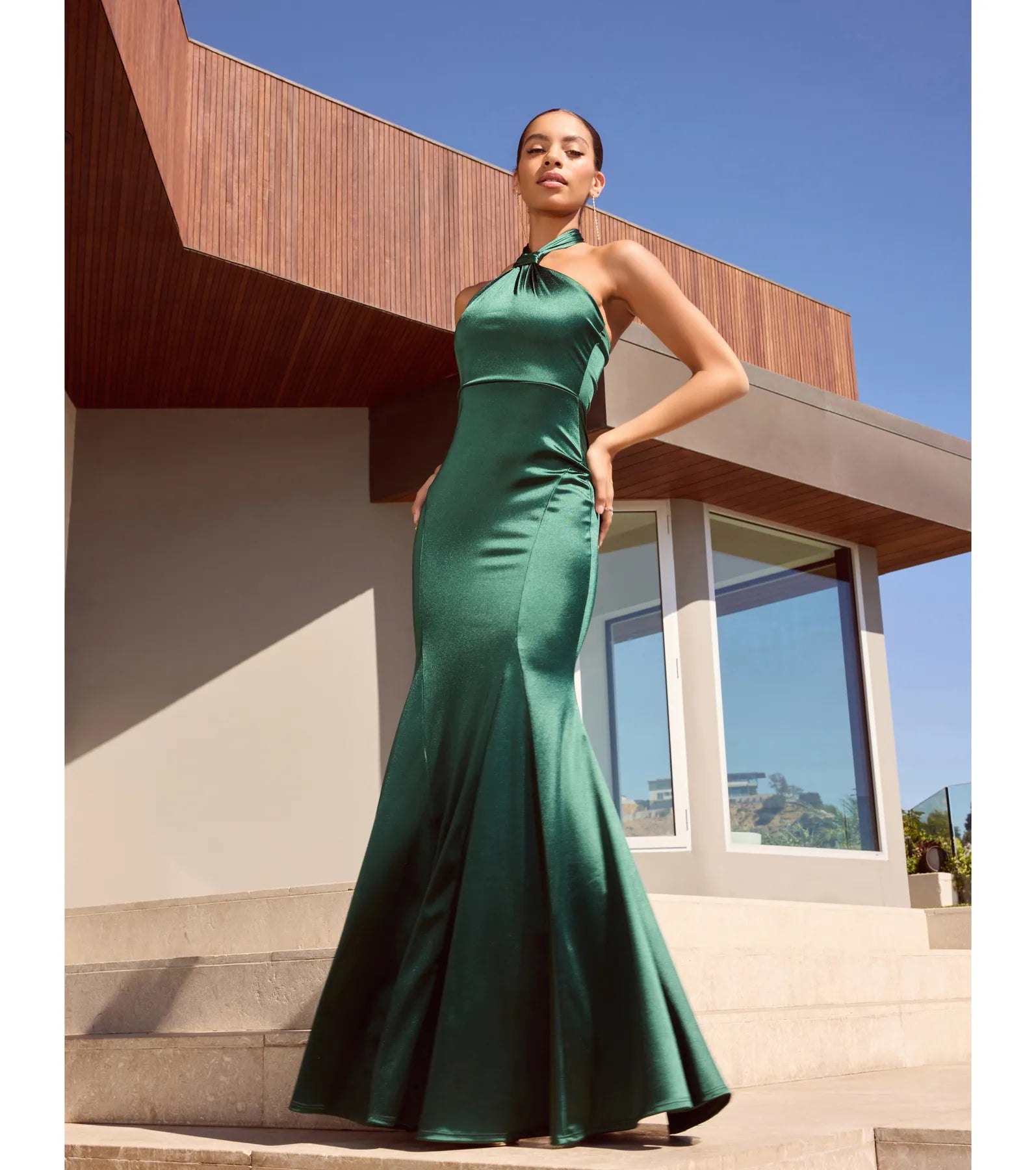 Hallie Satin Meerjungfrau Ballkleid Grün – Ganzkörperansicht