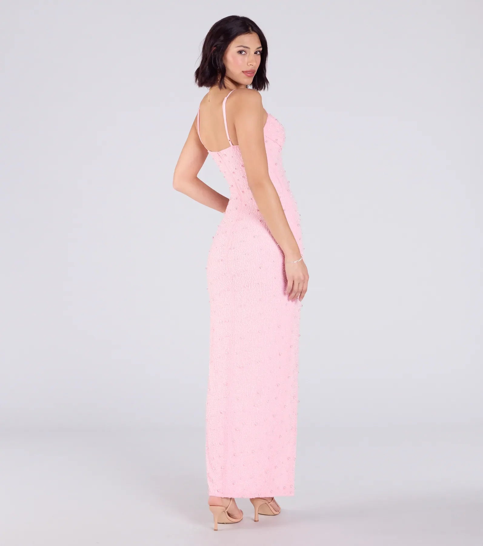 Klara Faux Pearl Beaded Column Prom Dress – Cowl Neck Long Formal Gown