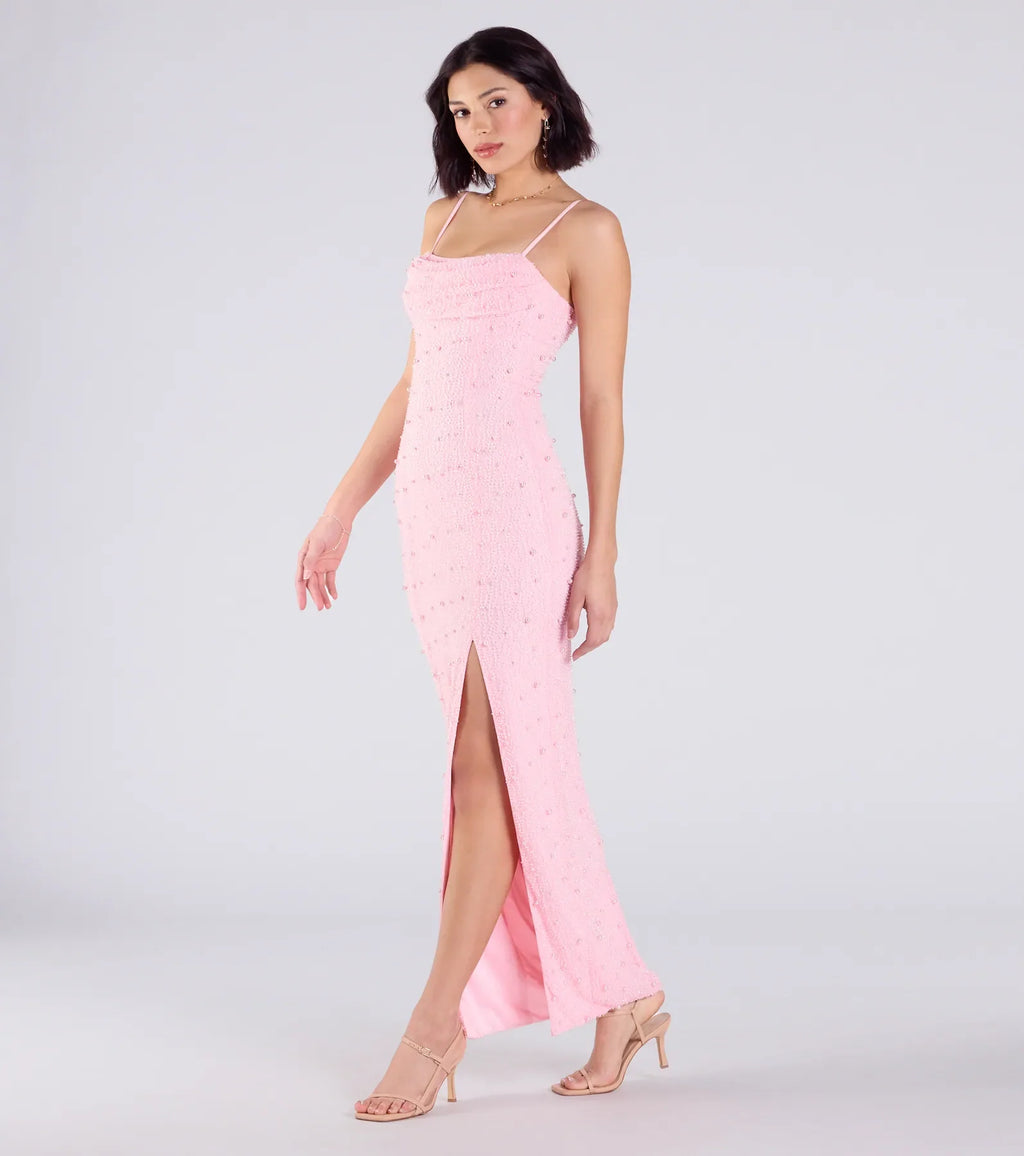 Klara Faux Pearl Beaded Column Prom Dress – Cowl Neck Long Formal Gown
