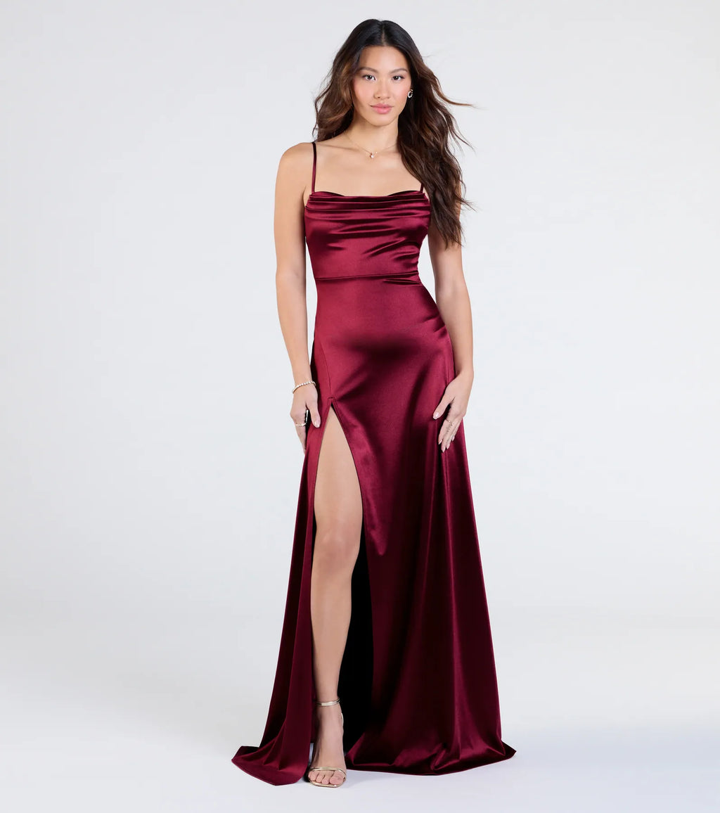 Marissa Satin Abendkleid Burgund – Frontansicht Ballkleid