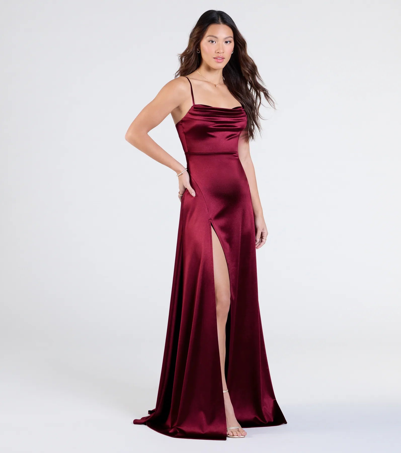 Marissa Satin Cowl Neck Prom Dress – High Slit Long Formal Gown