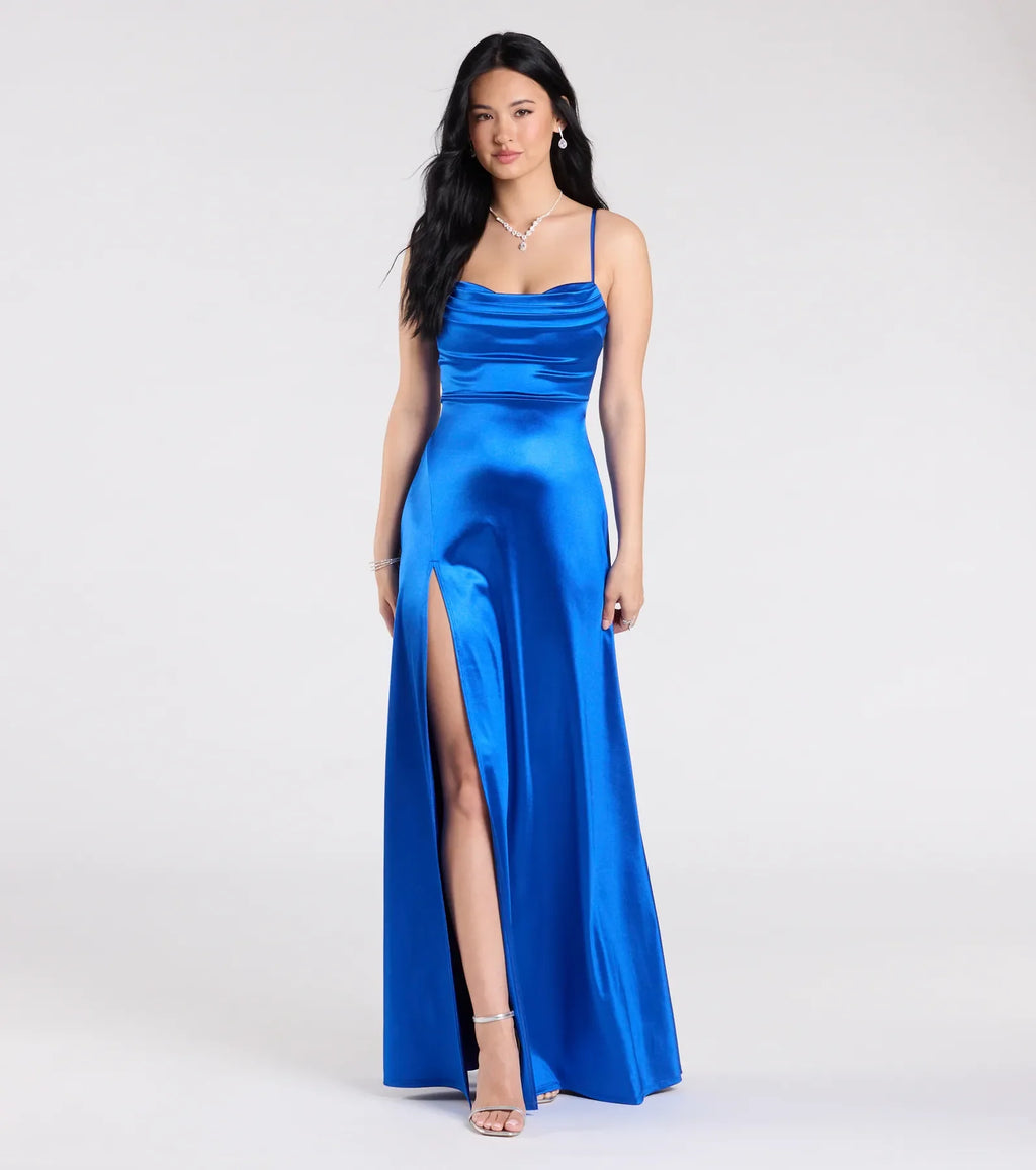 Marissa Satin Cowl Neck Prom Dress – High Slit Long Formal Gown