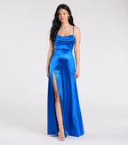 Marissa Satin Cowl Neck Prom Dress – High Slit Long Formal Gown