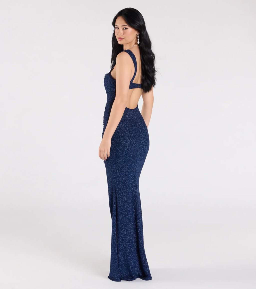 Drew Glitter Mermaid Prom Dress – Open Back Cowl Neck Long Formal Gown