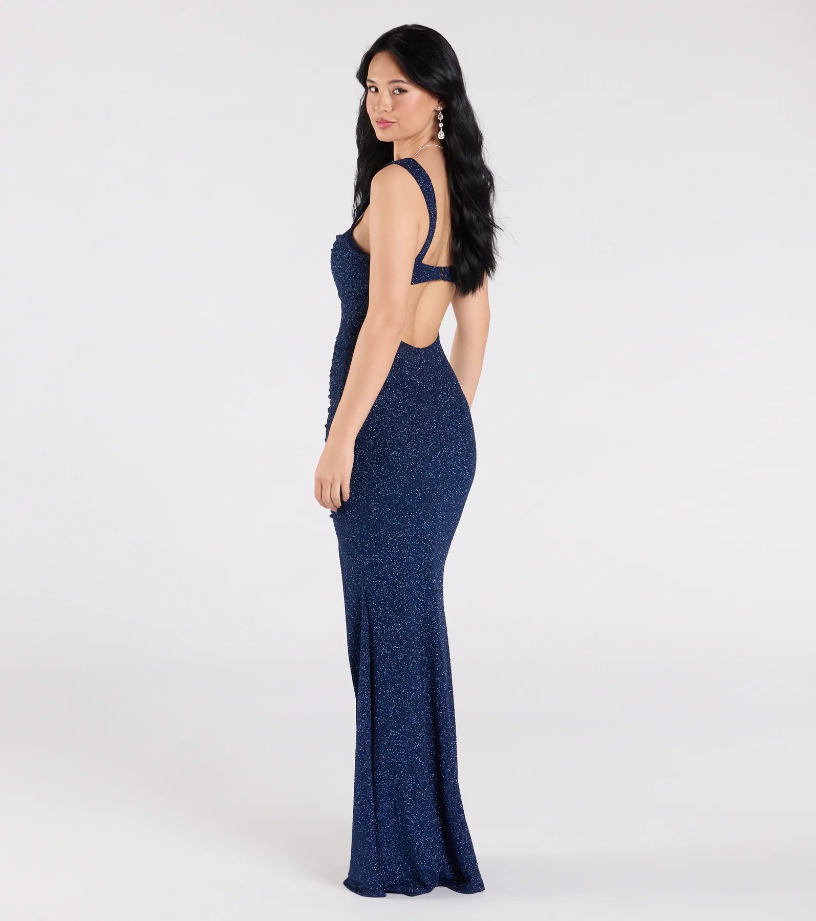 Drew Glitter Mermaid Prom Dress – Open Back Cowl Neck Long Formal Gown