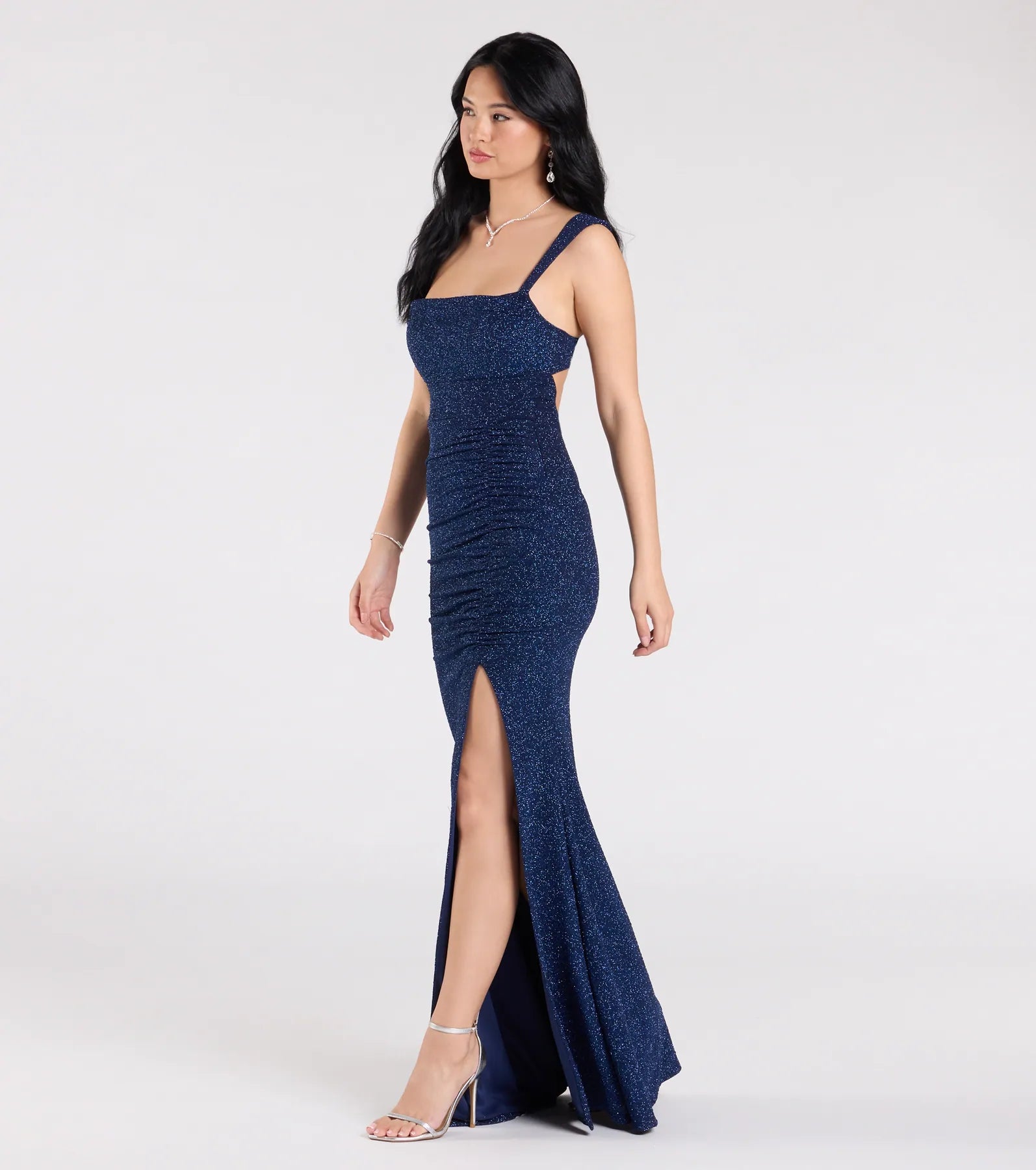 Drew Glitter Mermaid Prom Dress – Open Back Cowl Neck Long Formal Gown