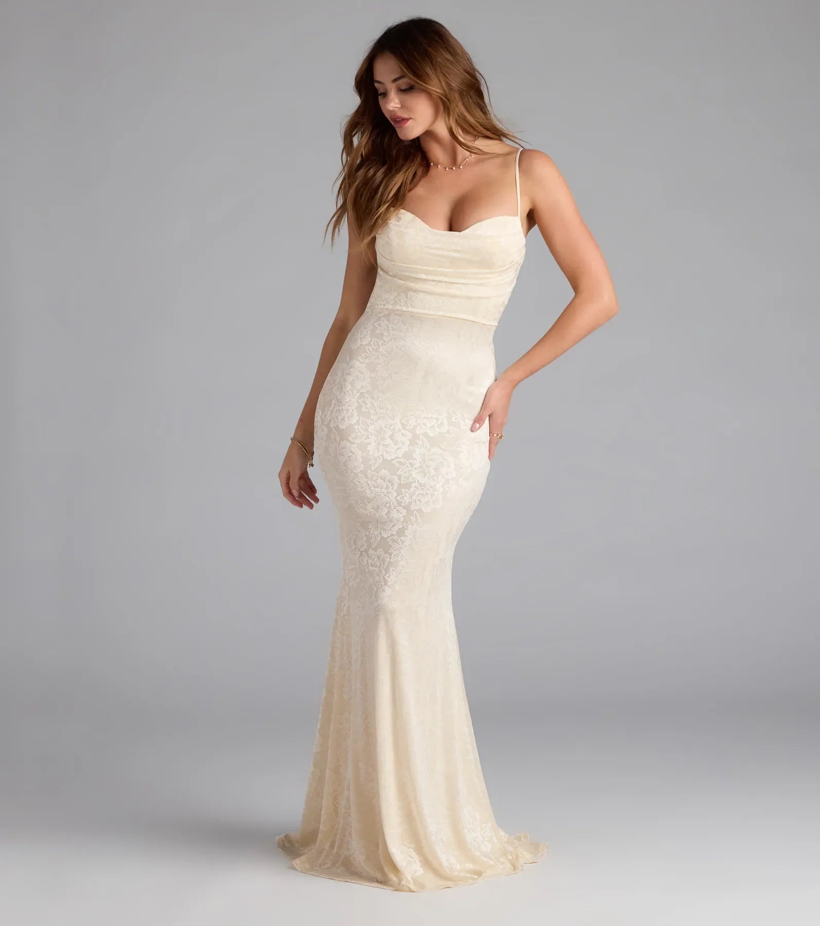 Haisley Floral Lace Mermaid Prom Dress – Open Back Long Formal Gown
