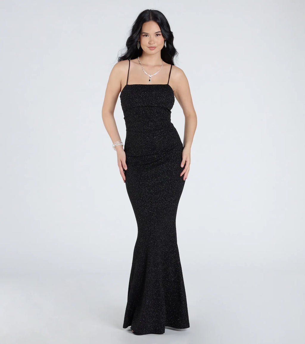 Wendy Glitter Mermaid Prom Dress – Square Neck Sleeveless Formal Gown