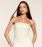 Ivory Sequin Corset Mini Dress – Strapless A-Line Floral Embroidered Evening Dress