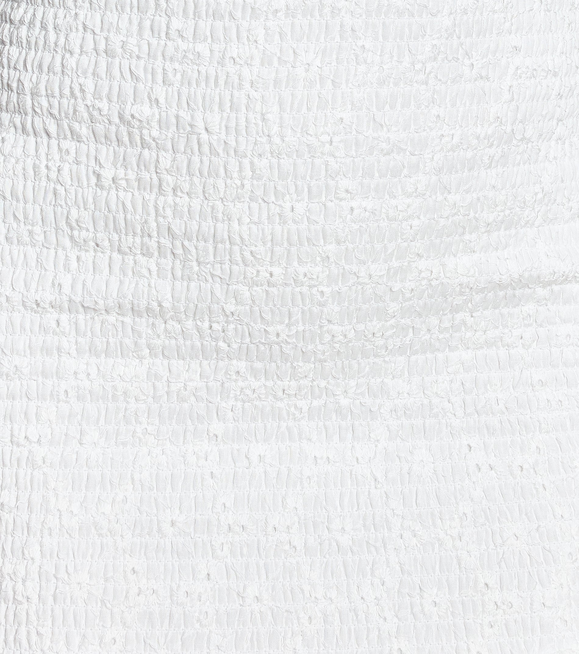 White Eyelet Mini Dress – Off-the-Shoulder Smocked Bodycon Ruffle Hem