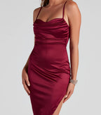 Reign The Night Satin Midi Prom Dress – Cowl Neck High Slit Formal Gown