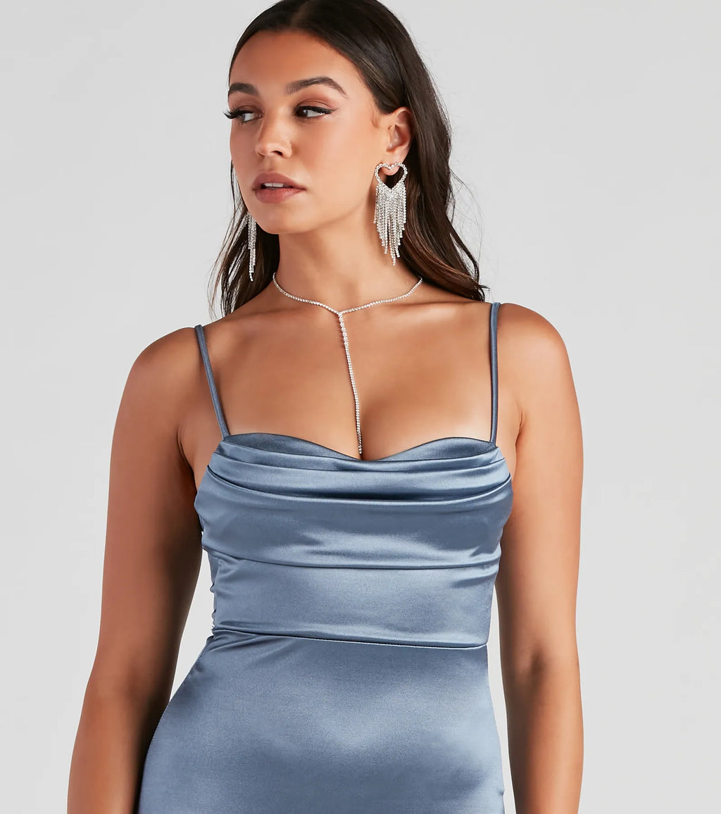 Reign The Night Satin Midi Prom Dress – Cowl Neck High Slit Formal Gown
