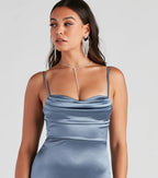 Reign The Night Satin Midi Prom Dress – Cowl Neck High Slit Formal Gown