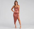 Reign The Night Satin Midi Prom Dress – Cowl Neck High Slit Formal Gown