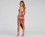 Reign The Night Satin Midi Prom Dress – Cowl Neck High Slit Formal Gown
