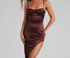 Reign The Night Satin Midi Prom Dress – Cowl Neck High Slit Formal Gown