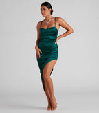 Reign The Night Satin Midi Prom Dress – Cowl Neck High Slit Formal Gown