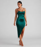 Reign The Night Satin Midi Prom Dress – Cowl Neck High Slit Formal Gown