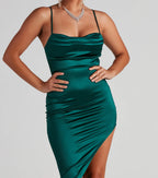 Reign The Night Satin Midi Prom Dress – Cowl Neck High Slit Formal Gown