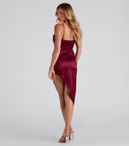 Reign The Night Satin Midi Prom Dress – Cowl Neck High Slit Formal Gown