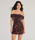 Flocked Velvet Off-The-Shoulder Mini Dress – Floral Ruched Going Out Dress
