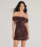 Flocked Velvet Off-The-Shoulder Mini Dress – Floral Ruched Going Out Dress