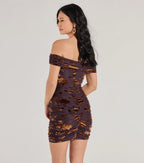 Flocked Velvet Off-The-Shoulder Mini Dress – Floral Ruched Going Out Dress