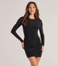 Rhinestone Long Sleeve Mini Dress – Crew Neck Sheer Sleeve Bodycon Party Dress